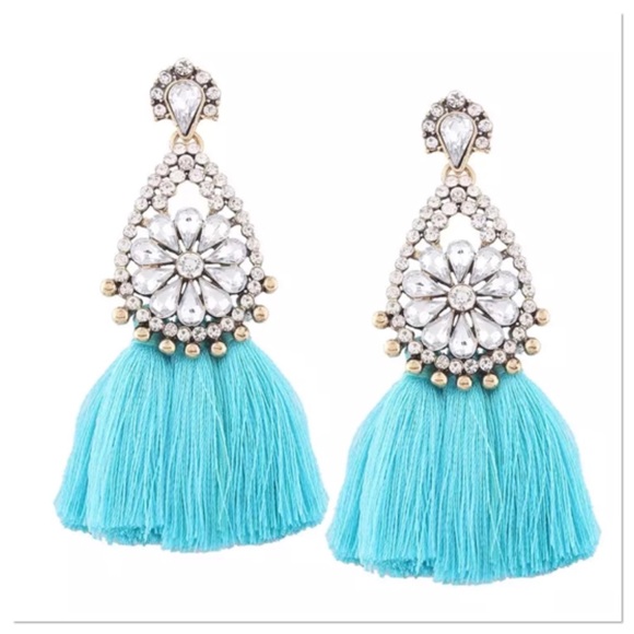 Jewelry - Rhinestone & Turquoise Tassel Earrings